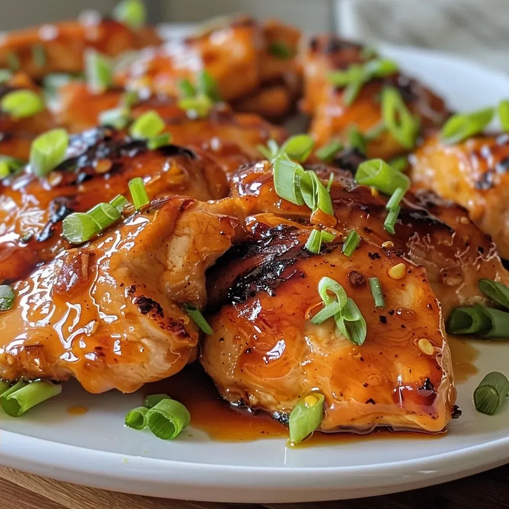 Close-up view of Honey Sriracha Chicken, showcasing glistening sauce and garnishes.