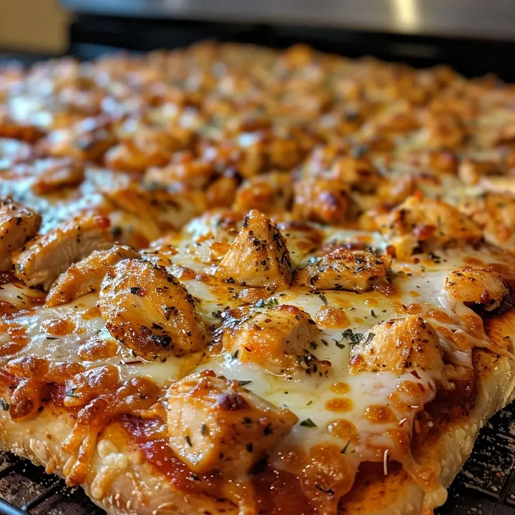 ['Close-up of a slice of Hot Honey Chicken Pizza drizzled with hot honey.', 'Side view of a freshly baked Hot Honey Chicken Pizza with melted cheese.', 'Juicy Hot Honey Chicken Pizza topped with chicken and a golden drizzle.', 'Delicious Hot Honey Chicken Pizza featuring a crispy crust and gooey mozzarella.']