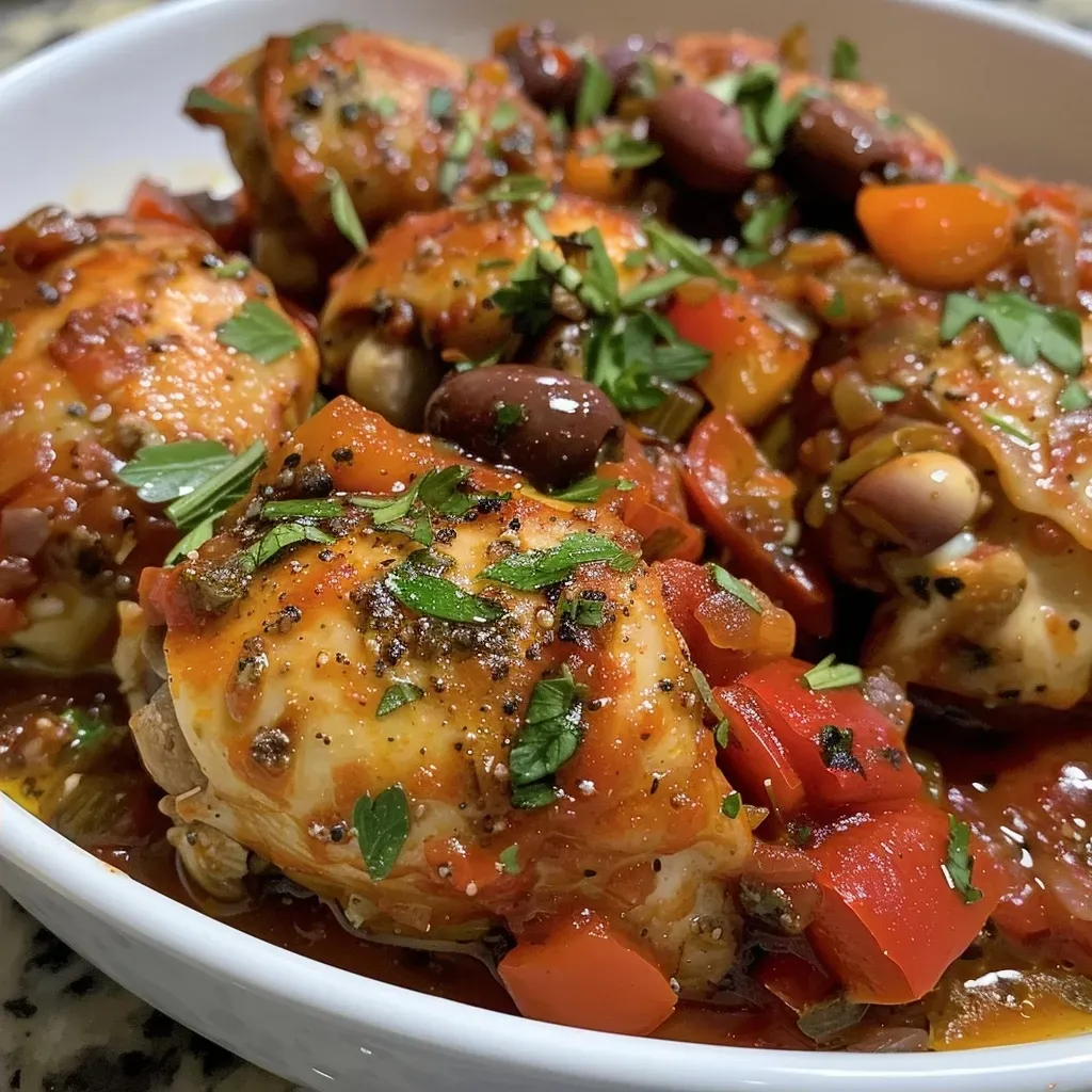 ['Close-up of a hearty serving of Instant Pot Chicken Cacciatore, featuring chicken thighs and vibrant vegetables.', 'Side view of succulent Instant Pot Chicken Cacciatore, showcasing juicy chicken and rich tomato sauce.', 'Detailed shot of Instant Pot Chicken Cacciatore with colorful bell peppers and herbs mixed in.', 'Close-up of a delicious bowl of Instant Pot Chicken Cacciatore, with steam rising from it.']