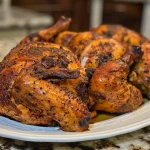 ['Close-up side view of a juicy smoked chicken, showing its golden-brown skin.', 'A succulent smoked chicken captured from the side, highlighting its rich color and texture.', 'Detailed view of a whole smoked chicken with crispy skin and savory seasonings visible.', 'A vibrant, juicy smoked chicken displayed from the side, showcasing its mouthwatering appearance.']