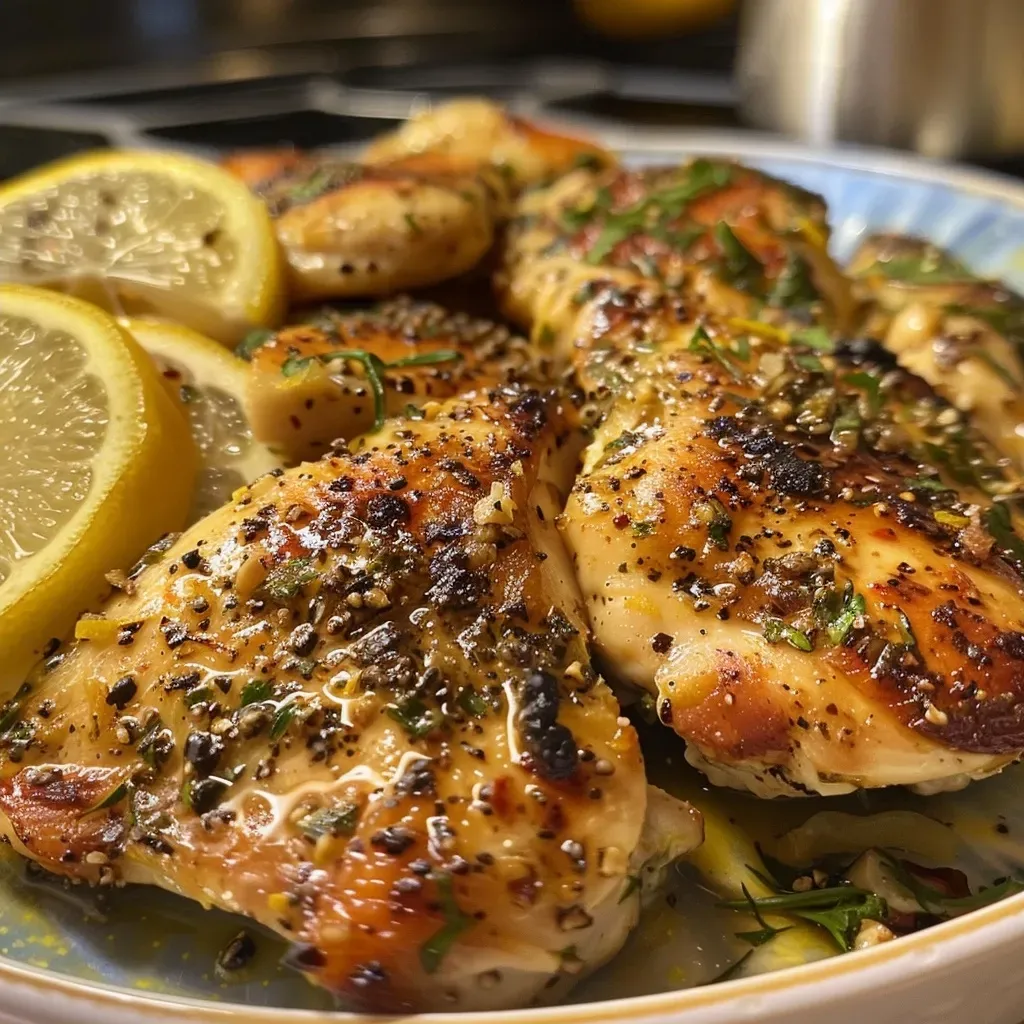 A close-up view of juicy zesty chicken breasts garnished with herbs and lemon zest.