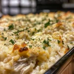 ['Close-up view of a baked Lemon Pepper Chicken Casserole with a golden cheese topping.', 'Side view of a delicious Lemon Pepper Chicken Casserole showcasing its creamy texture and toppings.', 'Juicy Lemon Pepper Chicken Casserole in a dish, highlighting the shredded chicken and melted cheese.', 'Appetizing Lemon Pepper Chicken Casserole, with visible layers of chicken, rice, and creamy sauce.']