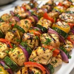 ['Close-up view of juicy chicken kabobs with colorful vegetables on skewers.', 'Side view of Mediterranean chicken kabobs with bell peppers and zucchini.', 'Juicy chicken kabobs arranged on a plate with vibrant red onion and green dill.', 'Grilled chicken kabobs featuring colorful chunks of bell pepper and zucchini.']