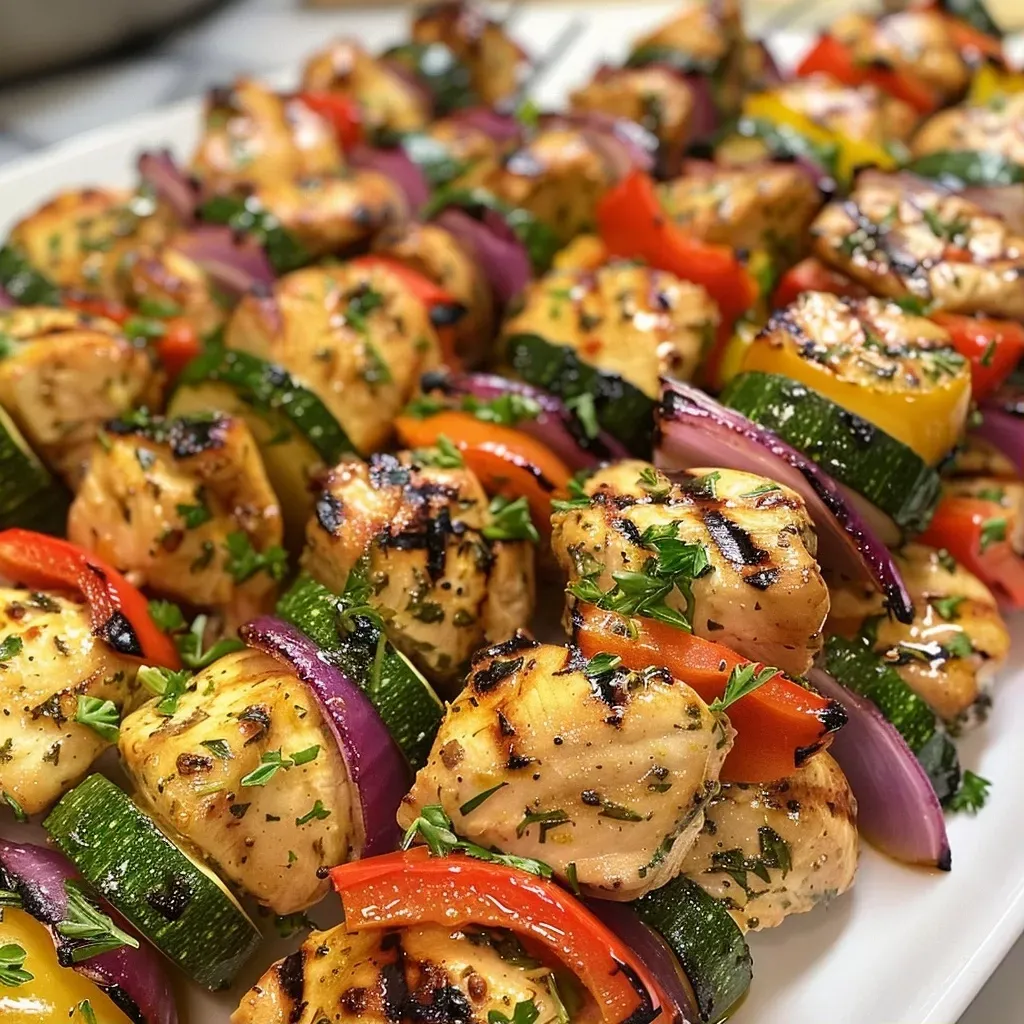 ['Close-up view of juicy chicken kabobs with colorful vegetables on skewers.', 'Side view of Mediterranean chicken kabobs with bell peppers and zucchini.', 'Juicy chicken kabobs arranged on a plate with vibrant red onion and green dill.', 'Grilled chicken kabobs featuring colorful chunks of bell pepper and zucchini.']