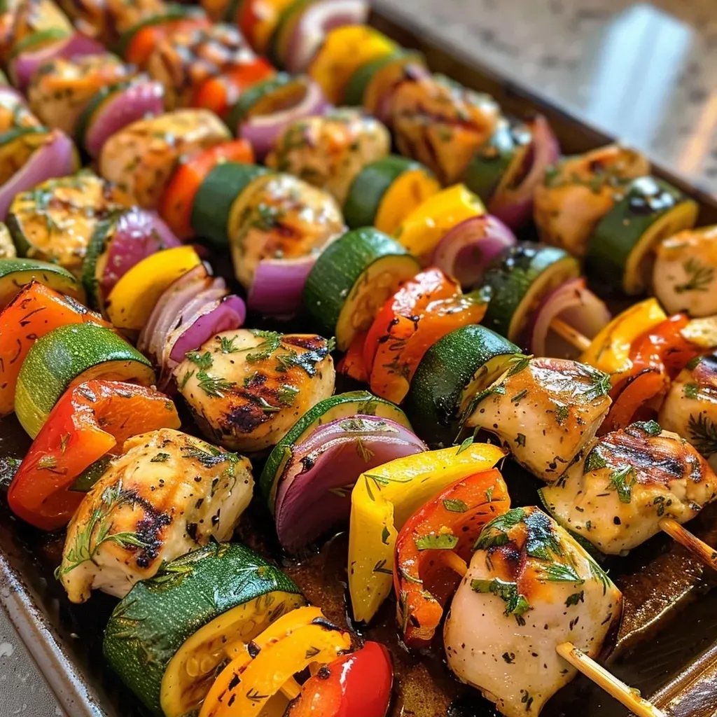 Close-up view of juicy chicken kabobs with colorful vegetables on skewers.