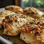 ['Close-up side view of a juicy baked chicken breast on a plate.', 'A succulent baked chicken breast garnished with spices, showcasing its tenderness.', 'Mouth-watering baked chicken breast with a golden crust and creamy texture.', 'Deliciously cooked chicken breast, glistening with seasoning and moisture.']