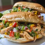 ['Close-up of a Mexican Chicken Salad Sandwich showcasing shredded chicken with colorful vegetables.', 'Side view of a juicy Mexican Chicken Salad Sandwich filled with green chiles and corn.', 'Delicious Mexican Chicken Salad Sandwich with vibrant ingredients including cilantro and lime.', 'Tasty Mexican Chicken Salad Sandwich stacked with shredded chicken and diced peppers.']