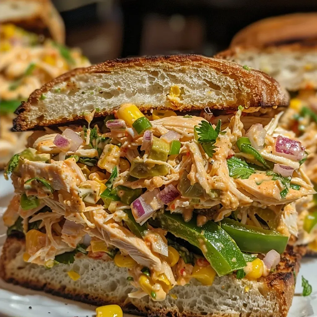 ['Close-up of a Mexican Chicken Salad Sandwich showcasing shredded chicken with colorful vegetables.', 'Side view of a juicy Mexican Chicken Salad Sandwich filled with green chiles and corn.', 'Delicious Mexican Chicken Salad Sandwich with vibrant ingredients including cilantro and lime.', 'Tasty Mexican Chicken Salad Sandwich stacked with shredded chicken and diced peppers.']