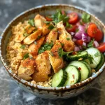 ['Close-up view of a Moroccan Chicken Couscous Bowl with colorful ingredients.', 'Side angle of a Moroccan Chicken Couscous Bowl featuring chicken, couscous, and fresh vegetables.', 'Juicy Moroccan Chicken Couscous Bowl with diced cucumbers and cherry tomatoes on top.', 'Detailed view of a bowl of Moroccan Chicken Couscous with vibrant garnishes and spices.']
