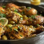 ['Juicy Moroccan chicken thighs garnished with olives and parsley.', 'Close-up of seasoned chicken thighs with colorful spices and herbs.', 'A side view of cooked chicken thighs displaying a rich brown glaze.', 'Succulent bone-in chicken thighs served with fresh herbs and pimento olives.']
