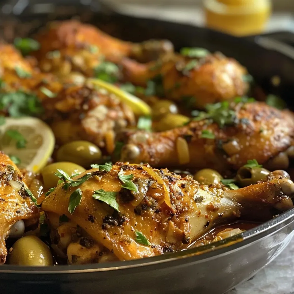 ['Juicy Moroccan chicken thighs garnished with olives and parsley.', 'Close-up of seasoned chicken thighs with colorful spices and herbs.', 'A side view of cooked chicken thighs displaying a rich brown glaze.', 'Succulent bone-in chicken thighs served with fresh herbs and pimento olives.']