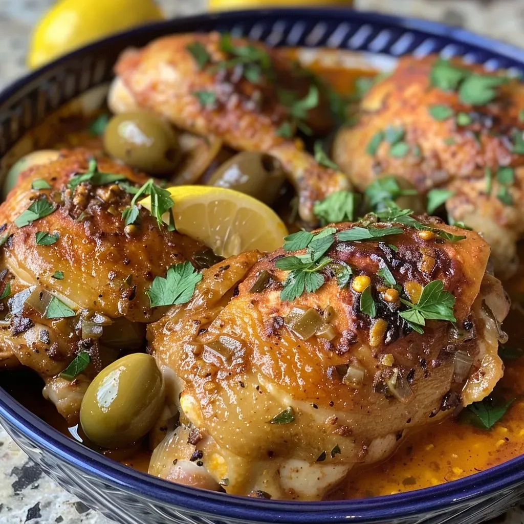 Juicy Moroccan chicken thighs garnished with olives and parsley.