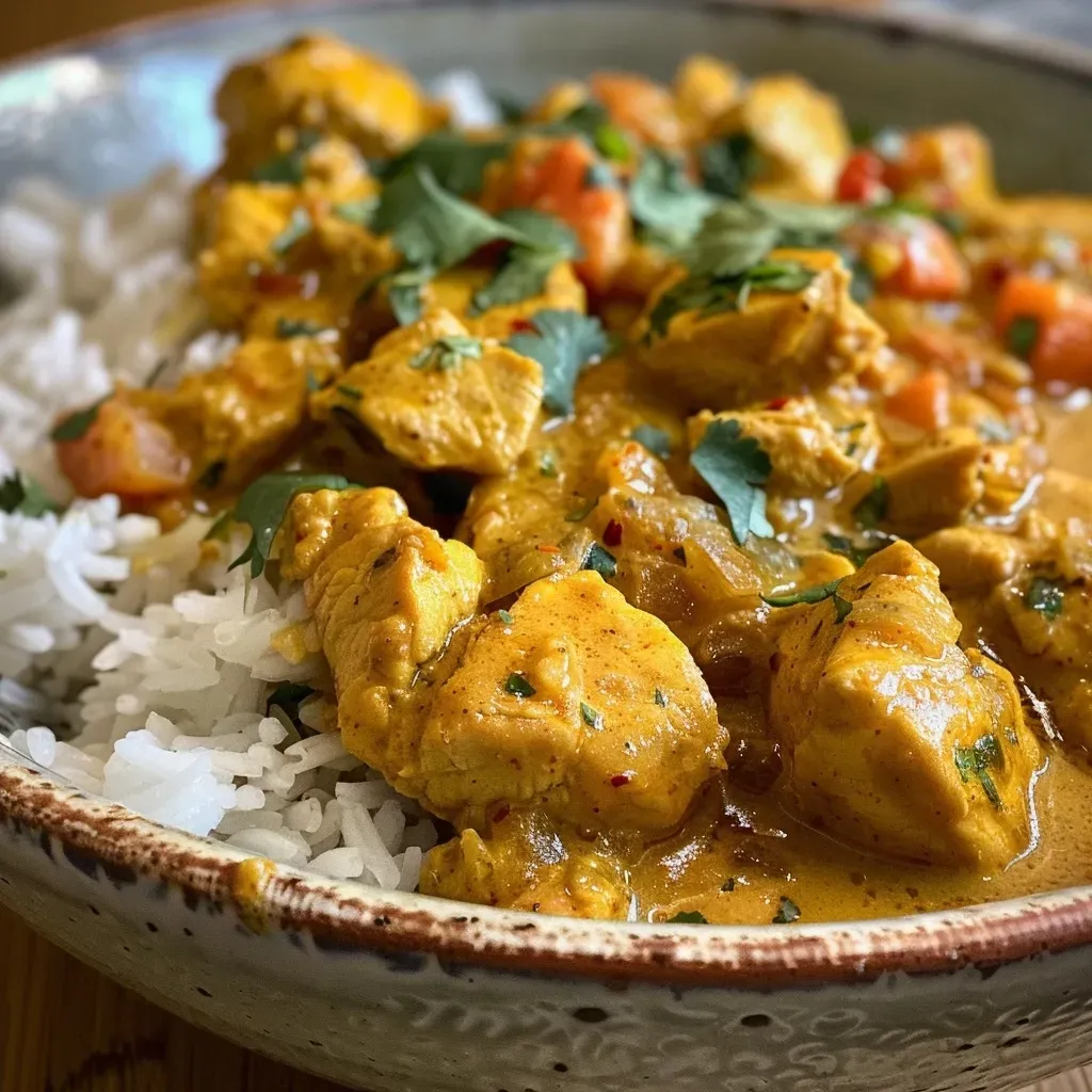 Close-up of a bowl of Moroccan Coconut Chicken Curry with colorful ingredients.