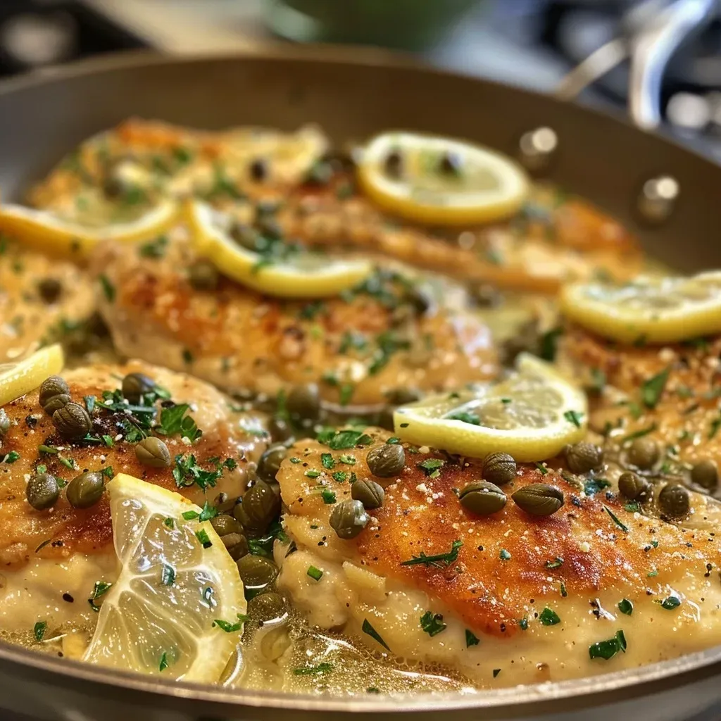 Close-up view of a juicy One Pan Chicken Piccata plated with lemon slices and capers.