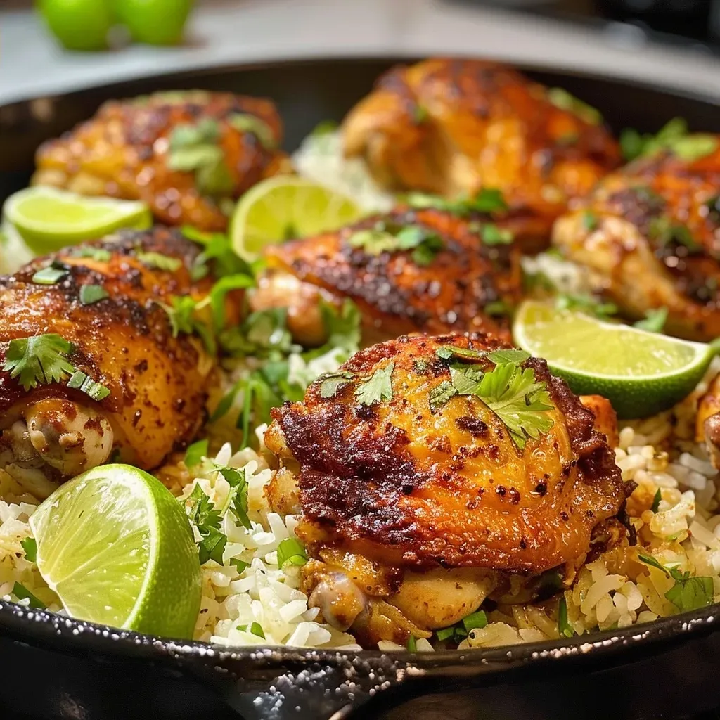 ['Close-up of a colorful plate featuring chili lime chicken thighs served on a bed of rice.', 'Juicy, golden-brown chicken thighs garnished with fresh cilantro and lime wedges alongside fluffy rice.', 'A side view of one pan chili lime chicken and rice, showcasing the vibrant colors and textures.', 'Succulent bone-in chicken thighs with a lime zest topping, presented on a plate with rice and lime wedges.']