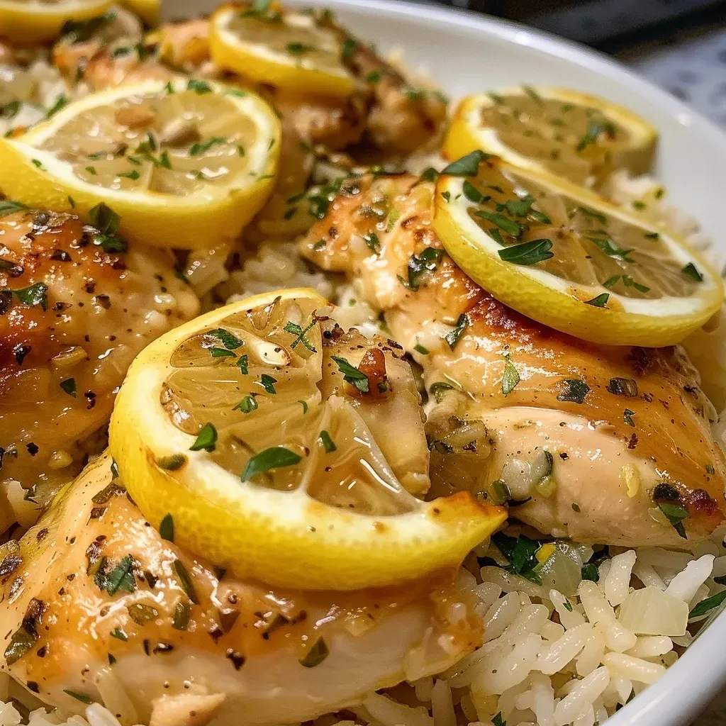 ['Close-up view of a one-pan lemon-herb chicken and rice dish, showcasing juicy chicken pieces and fluffy rice.', 'Side view of a vibrant lemon-herb chicken and rice bake, featuring garnished lemon slices and herbs.', 'Juicy chicken and rice in a pan, highlighted with fresh lemon and herb seasonings for a zesty appearance.', 'Appetizing one-pan lemon and herb chicken with rice, emphasizing golden rice and succulent chicken chunks.']