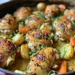 ['A close-up side view of a golden-brown chicken casserole in a rustic dish.', 'Juicy chicken thighs surrounded by vegetables in a one-pot casserole dish.', 'An appetizing close-up of a one-pot chicken casserole with visible herbs and carrots.', 'A savory chicken casserole filled with potatoes and peas, captured from a side angle.']