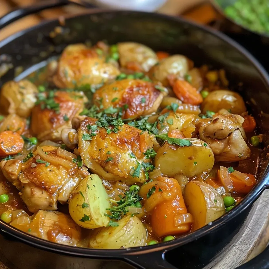 ['A close-up side view of a golden-brown chicken casserole in a rustic dish.', 'Juicy chicken thighs surrounded by vegetables in a one-pot casserole dish.', 'An appetizing close-up of a one-pot chicken casserole with visible herbs and carrots.', 'A savory chicken casserole filled with potatoes and peas, captured from a side angle.']