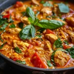 ['Close-up of a bowl of One-Pot Thai Curry Chicken Orzo, showcasing succulent chicken thighs and vibrant spices.', 'Side view of a delicious One-Pot Thai Curry Chicken Orzo, featuring creamy coconut milk and herbs.', 'Juicy One-Pot Thai Curry Chicken Orzo displayed in a bowl, with visible orzo and fresh Thai basil.', 'Close-up shot of comforting One-Pot Thai Curry Chicken Orzo, highlighting chicken pieces and rich curry color.']