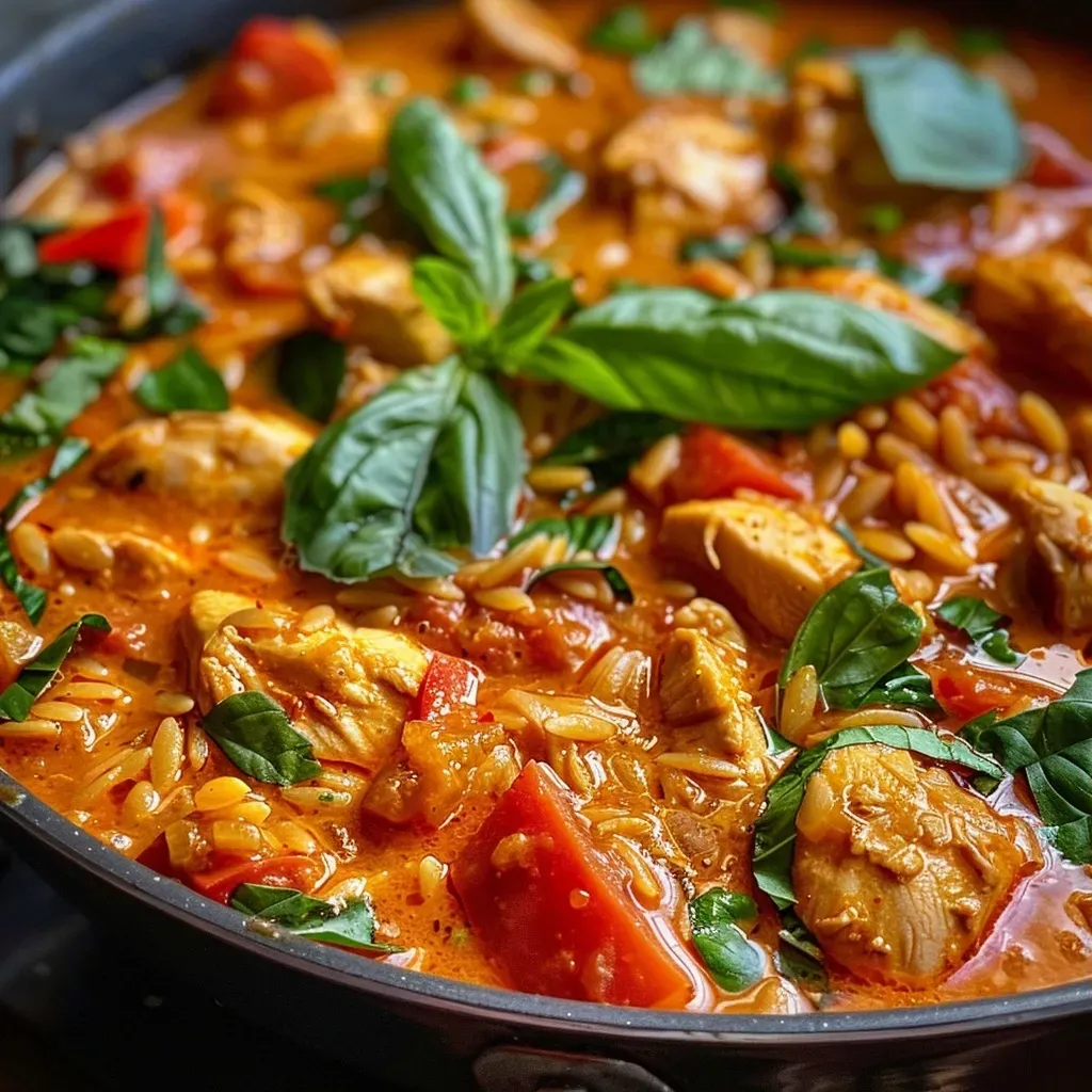 ['Close-up of a bowl of One-Pot Thai Curry Chicken Orzo, showcasing succulent chicken thighs and vibrant spices.', 'Side view of a delicious One-Pot Thai Curry Chicken Orzo, featuring creamy coconut milk and herbs.', 'Juicy One-Pot Thai Curry Chicken Orzo displayed in a bowl, with visible orzo and fresh Thai basil.', 'Close-up shot of comforting One-Pot Thai Curry Chicken Orzo, highlighting chicken pieces and rich curry color.']