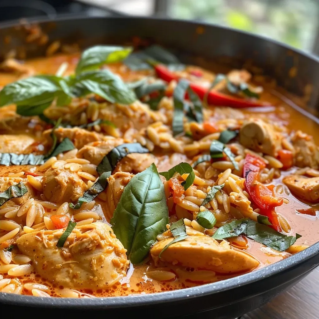 Close-up of a bowl of One-Pot Thai Curry Chicken Orzo, showcasing succulent chicken thighs and vibrant spices.
