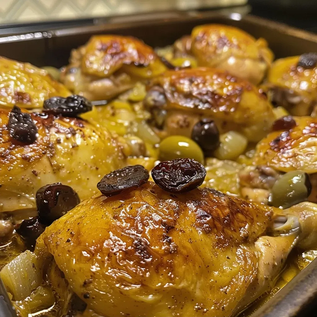 ['Close-up side view of crispy, juicy Oven Baked Moroccan Chicken garnished with olives and prunes.', 'Appetizing photo of baked chicken thighs with a Moroccan spice blend, featuring preserved lemons.', 'Juicy chicken dish with a golden-brown exterior, showcasing rich spices and colorful ingredients.', 'Detail shot of Oven Baked Moroccan Chicken, highlighting crispy skin and vibrant garnishes.']