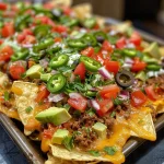 ['Close-up view of delicious oven nachos topped with various ingredients.', 'Juicy nachos loaded with cheese, jalapeños, and fresh vegetables, served in a baking dish.', 'Oven-baked nachos featuring ground beef, cheese, and colorful toppings.', 'Side view of vibrant nachos with a mix of toppings like guacamole and tomatoes.']