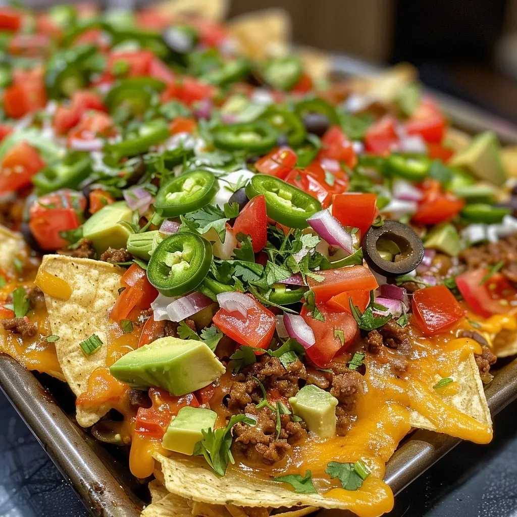 ['Close-up view of delicious oven nachos topped with various ingredients.', 'Juicy nachos loaded with cheese, jalapeños, and fresh vegetables, served in a baking dish.', 'Oven-baked nachos featuring ground beef, cheese, and colorful toppings.', 'Side view of vibrant nachos with a mix of toppings like guacamole and tomatoes.']