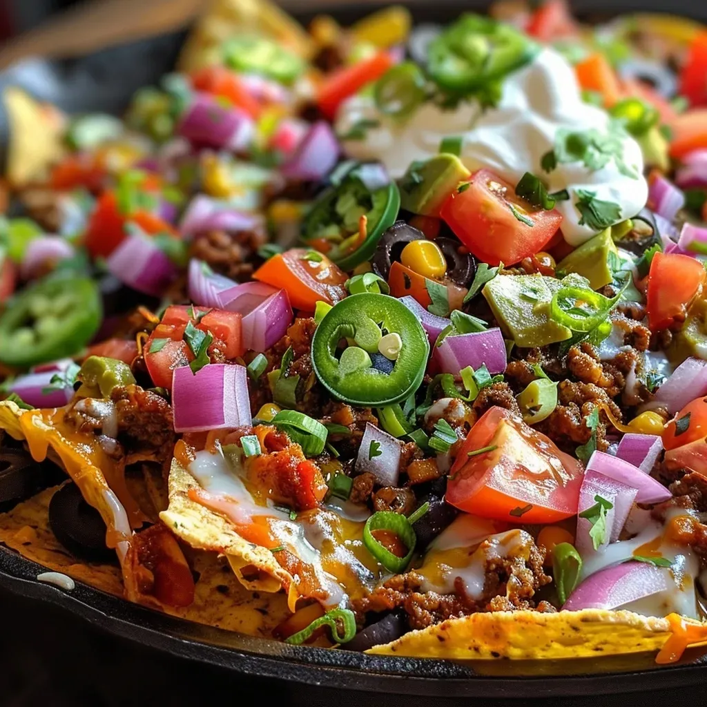 Close-up view of delicious oven nachos topped with various ingredients.
