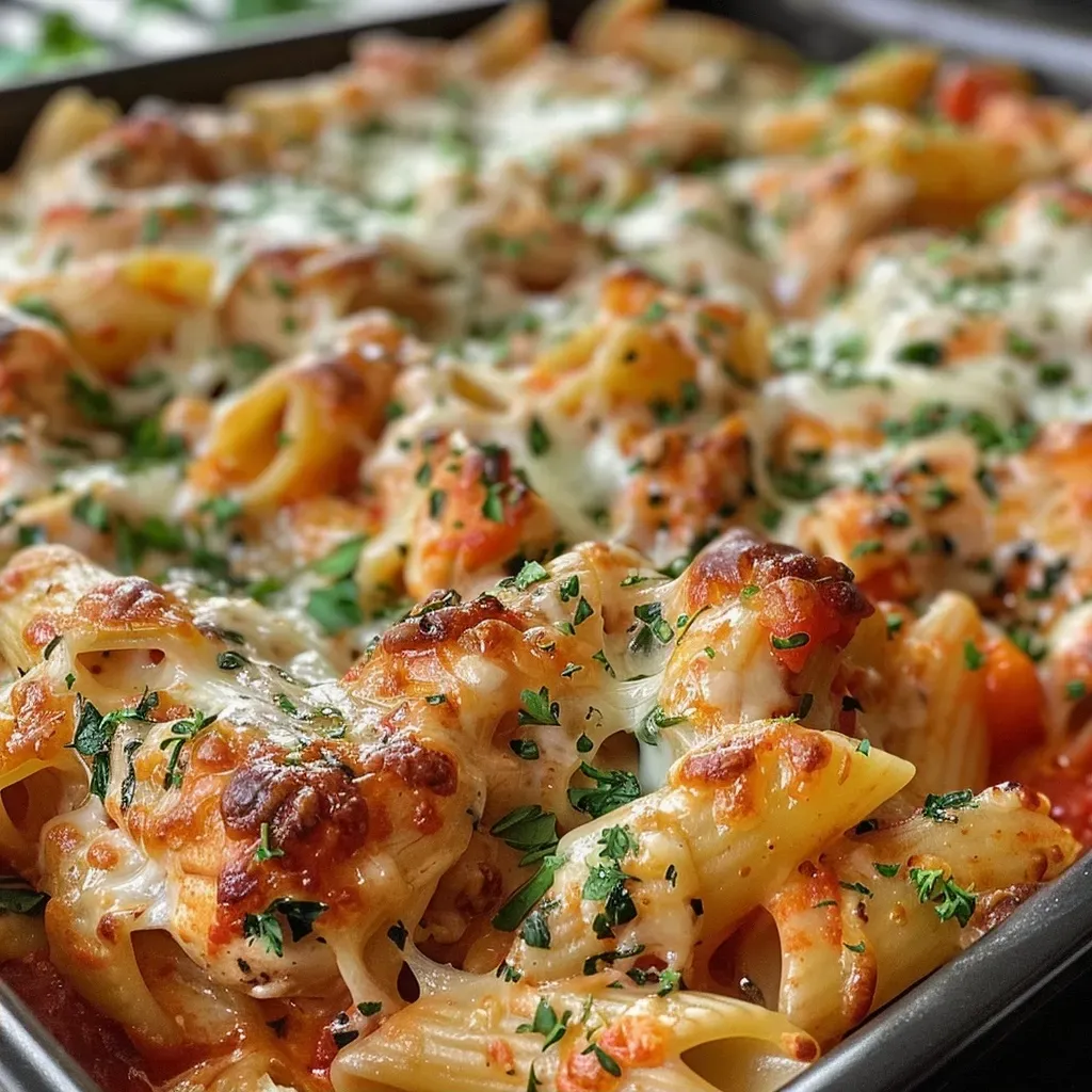 Close-up view of a baked pasta dish with melted cheese, pasta, and shredded chicken.
