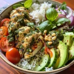 ['A close-up view of a Pesto Chicken Bowl, featuring vibrant ingredients like chicken, cherry tomatoes, and avocado.', 'Side view of a colorful Pesto Chicken Bowl, highlighting chicken pieces, fresh greens, and colorful vegetables.', 'Juicy Pesto Chicken Bowl captured from the side, displaying a mix of chicken, rice, and fresh veggies.', 'Detailed shot of a Pesto Chicken Bowl, showcasing diced chicken, cherry tomatoes, cucumber, and spinach.']