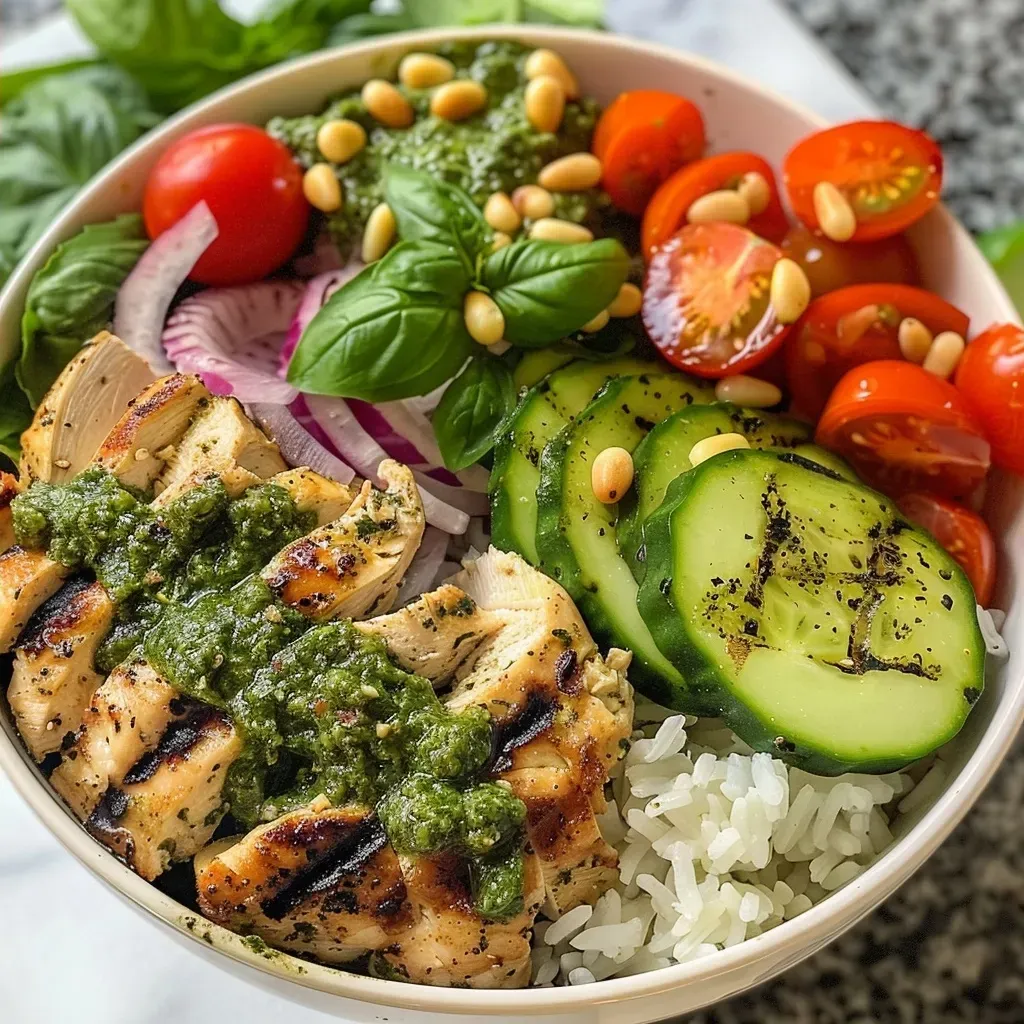 A close-up view of a Pesto Chicken Bowl, featuring vibrant ingredients like chicken, cherry tomatoes, and avocado.