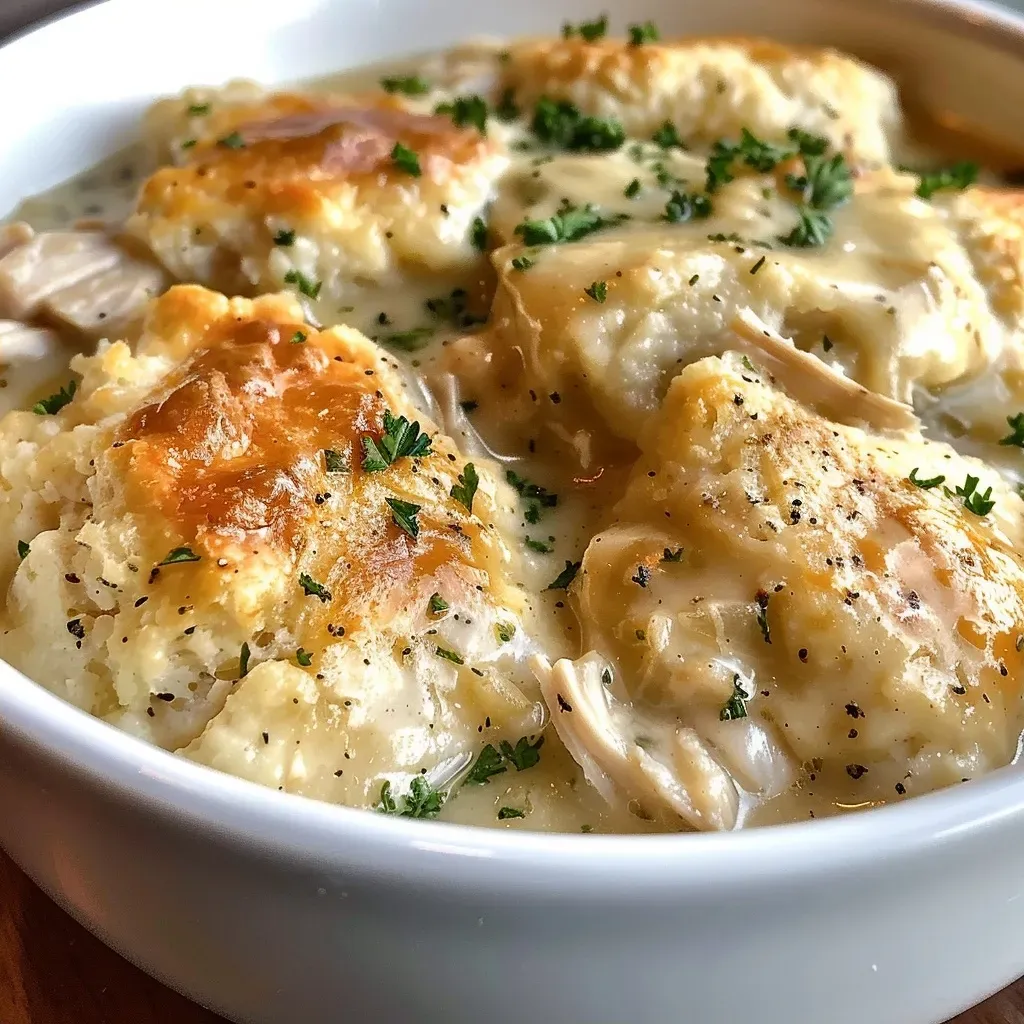 ['Close-up of a steaming bowl of chicken and dumplings with a rich broth.', 'Side view of juicy chicken and fluffy dumplings in a creamy sauce.', 'A delicious serving of chicken and dumplings with visible chunks of chicken.', 'Bowl of homemade chicken and dumplings showcasing tender dumplings and broth.']