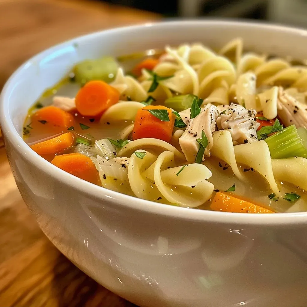 ['Close-up side view of a bowl of chicken noodle soup with vegetables and noodles.', 'Juicy chicken noodle soup showcasing colorful vegetables and egg noodles in a white bowl.', 'Delicious chicken noodle soup filled with carrots, celery, and tender chicken pieces.', 'A steaming bowl of chicken noodle soup with herbs, noodles, and broth, presented attractively.']