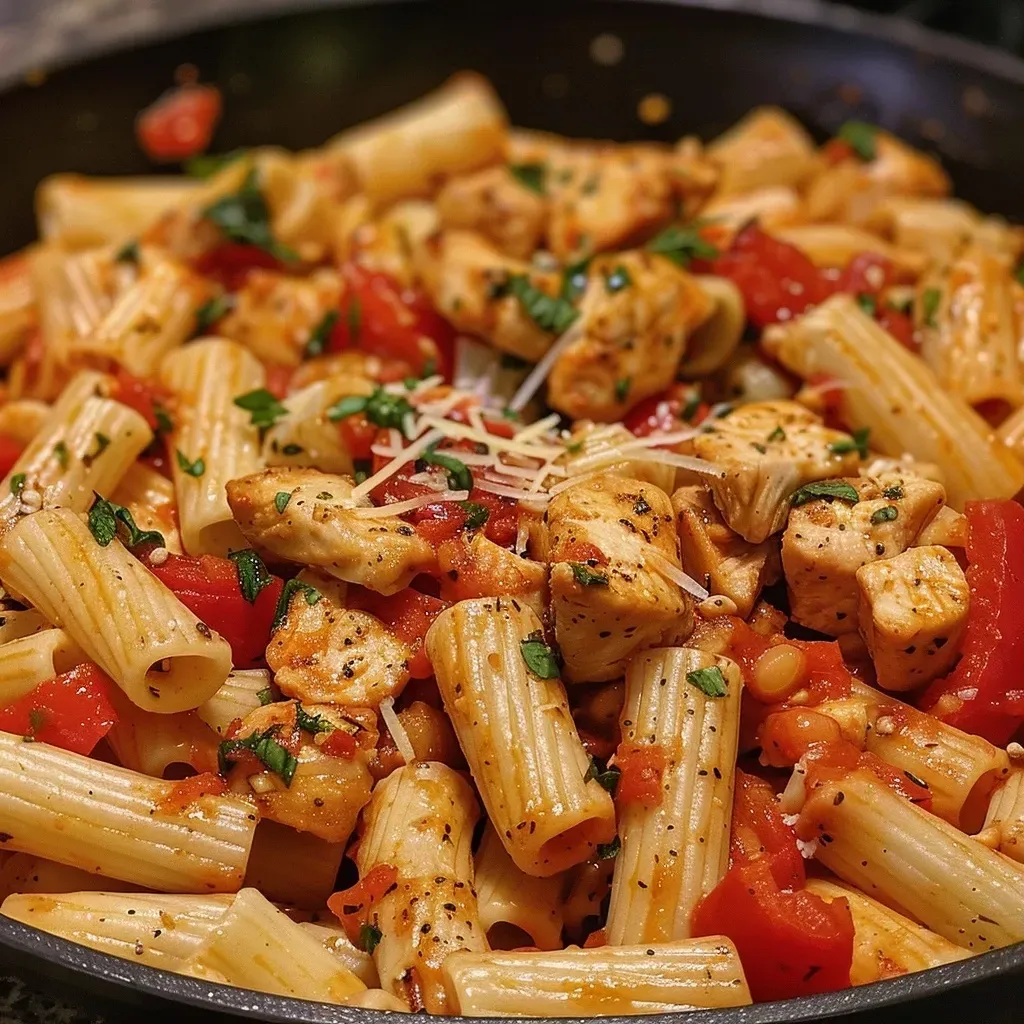 ['Close-up of a plate of juicy chicken pasta with melted cheese.', 'Side view of a delicious chicken pasta dish topped with herbs and cheese.', 'A vibrant bowl of chicken pasta featuring colorful bell peppers and onions.', 'Focused image of quick chicken pasta garnished and ready to serve.']