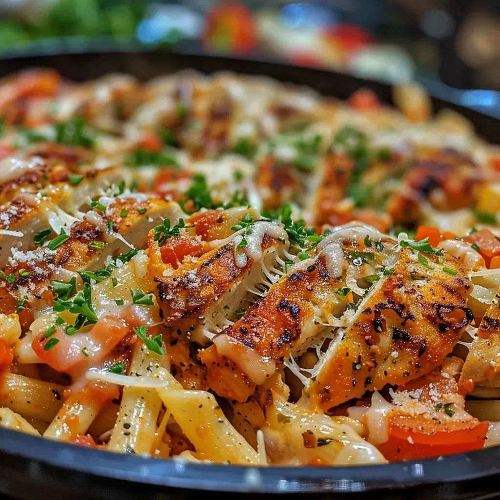 Close-up of a plate of juicy chicken pasta with melted cheese.
