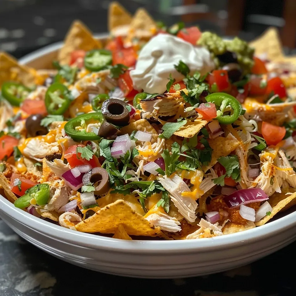 ['Close-up view of mouthwatering Rotisserie Chicken Nachos loaded with toppings.', 'Side angle of a vibrant plate of Rotisserie Chicken Nachos with cheese and fresh ingredients.', 'Juicy Rotisserie Chicken Nachos featuring crispy tortilla chips and colorful toppings.', 'Deliciously arranged Rotisserie Chicken Nachos with melty cheese and assorted toppings.']