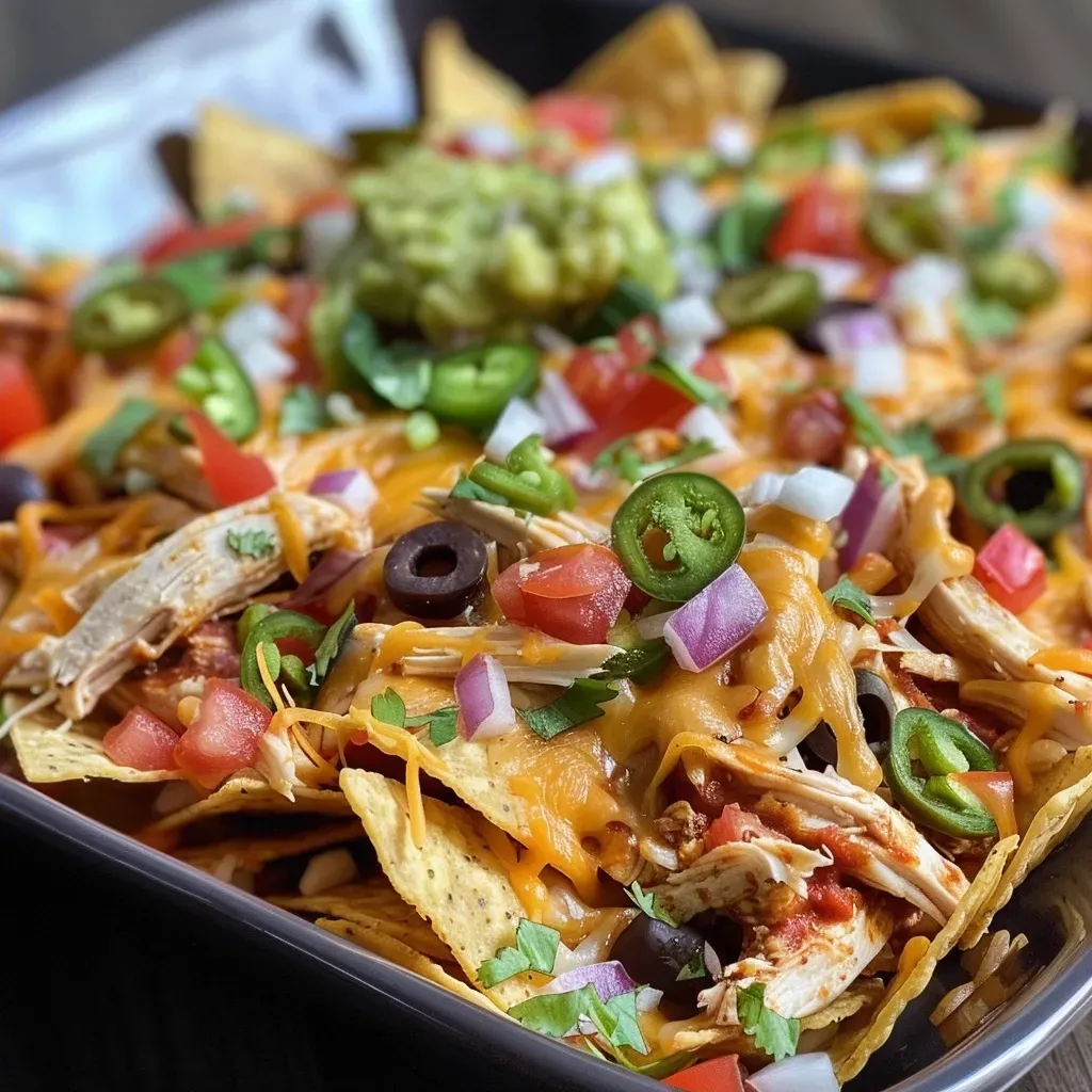 Close-up view of a plate of nachos topped with shredded rotisserie chicken, cheese, and fresh toppings.
