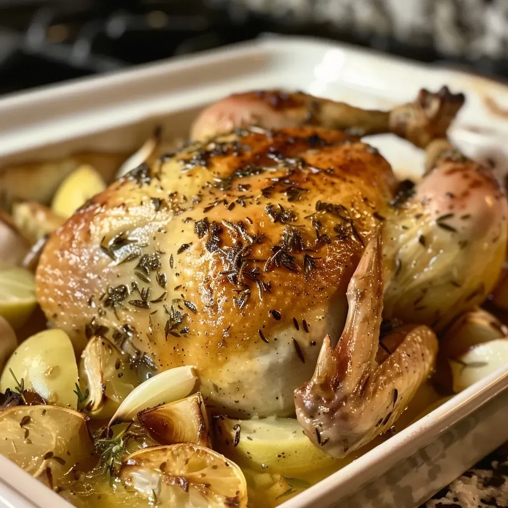 ['Juicy rustic baked chicken with herbs, garnished with lemon and garlic.', 'Close-up side view of a whole baked chicken, seasoned with herbs and spices.', 'A whole roasted chicken, golden brown with a fresh herb crust and lemon wedges.', 'Succulent baked chicken on a serving platter, surrounded by garlic and herbs.']