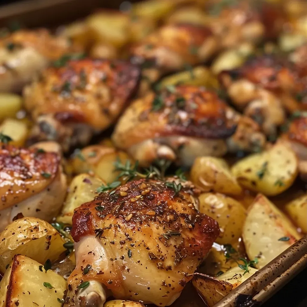 ['Close-up view of juicy sheet pan chicken thighs and golden potatoes.', 'Side view of crispy chicken and sliced Yukon Gold potatoes on a baking sheet.', 'Delicious roasted chicken with herbs and potatoes arranged on a sheet pan.', 'Overhead shot of succulent chicken and evenly cooked potatoes with garnishes.']