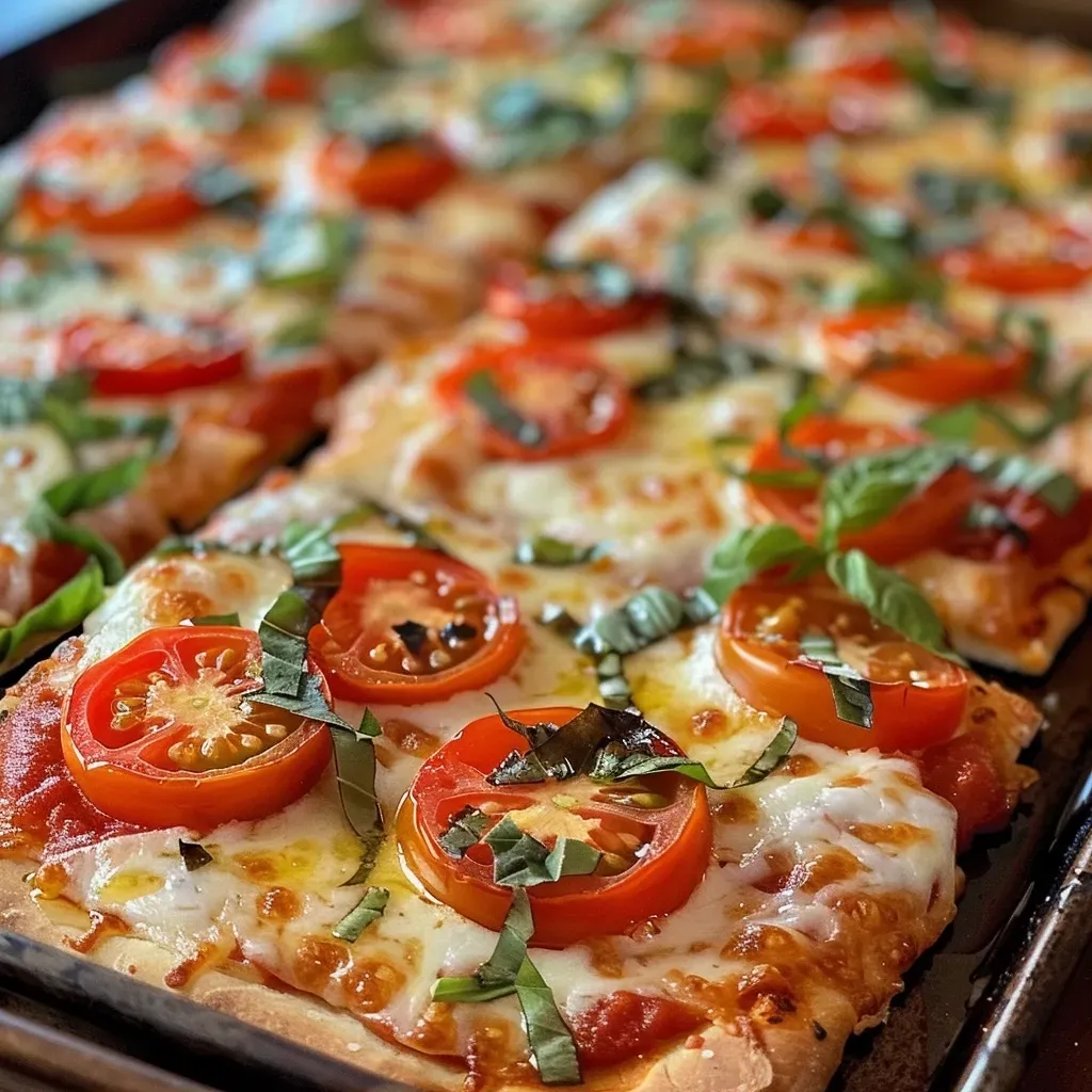 ['Close-up side view of a juicy sheet pan pizza topped with mozzarella cheese and sliced cherry tomatoes.', 'Detailed view of a crispy sheet pan pizza with fresh basil and vibrant cherry tomatoes.', 'Delicious sheet pan pizza with melted cheese and colorful toppings captured from a side angle.', 'A savory sheet pan pizza featuring fresh ingredients, showing a golden crust and vibrant toppings.']