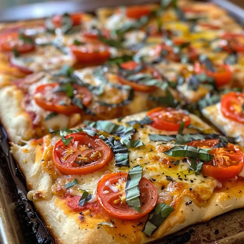 ['Close-up side view of a juicy sheet pan pizza topped with mozzarella cheese and sliced cherry tomatoes.', 'Detailed view of a crispy sheet pan pizza with fresh basil and vibrant cherry tomatoes.', 'Delicious sheet pan pizza with melted cheese and colorful toppings captured from a side angle.', 'A savory sheet pan pizza featuring fresh ingredients, showing a golden crust and vibrant toppings.']
