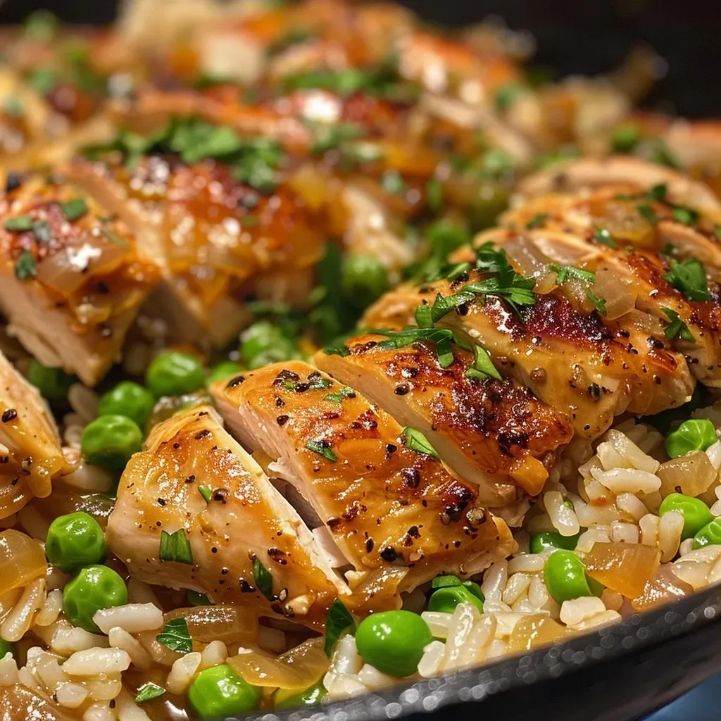 ['Close-up of juicy Skillet Chicken and Rice with visible chicken and rice grains.', 'Side view of a plated dish of Skillet Chicken and Rice garnished with parsley.', 'Detailed shot of Skillet Chicken and Rice showing tender chicken pieces and peas.', 'A colorful serving of Skillet Chicken and Rice with onions and herbs in focus.']
