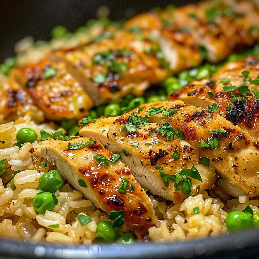 Close-up of juicy Skillet Chicken and Rice with visible chicken and rice grains.