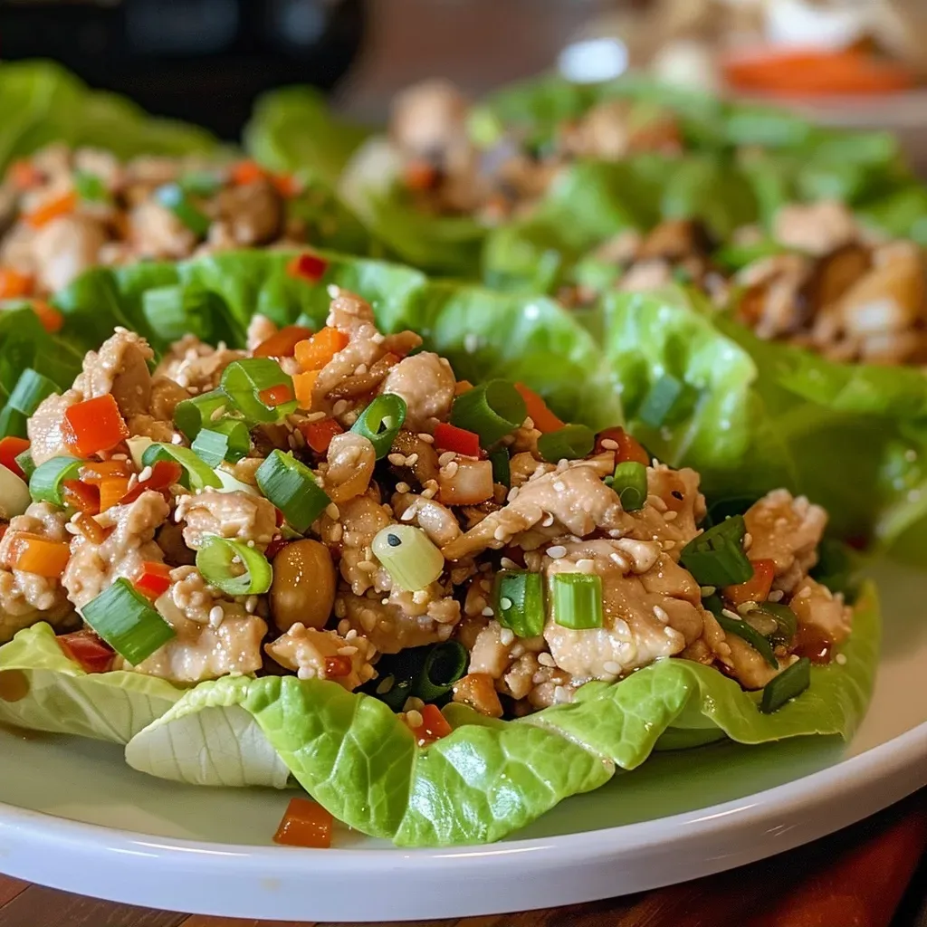 ['Close-up of cooked chicken lettuce wraps with colorful fillings.', 'Juicy ground chicken mixture in lettuce cups garnished with green onions.', 'Side view of delicious chicken lettuce wraps showcasing vibrant vegetables.', 'Fresh lettuce wraps filled with savory chicken and chopped vegetables.']