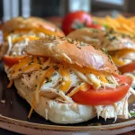 ['Juicy Slow Cooker Ranch Chicken Sandwich with sliced tomatoes and melted cheese on a bun.', 'Close-up of a delicious ranch chicken sandwich featuring tender chicken and creamy cheese.', 'Side view of a ranch chicken sandwich garnished with tomato slices and cheddar cheese.', 'Mouthwatering Slow Cooker Ranch Chicken Sandwich stacked high with toppings on a potato bun.']