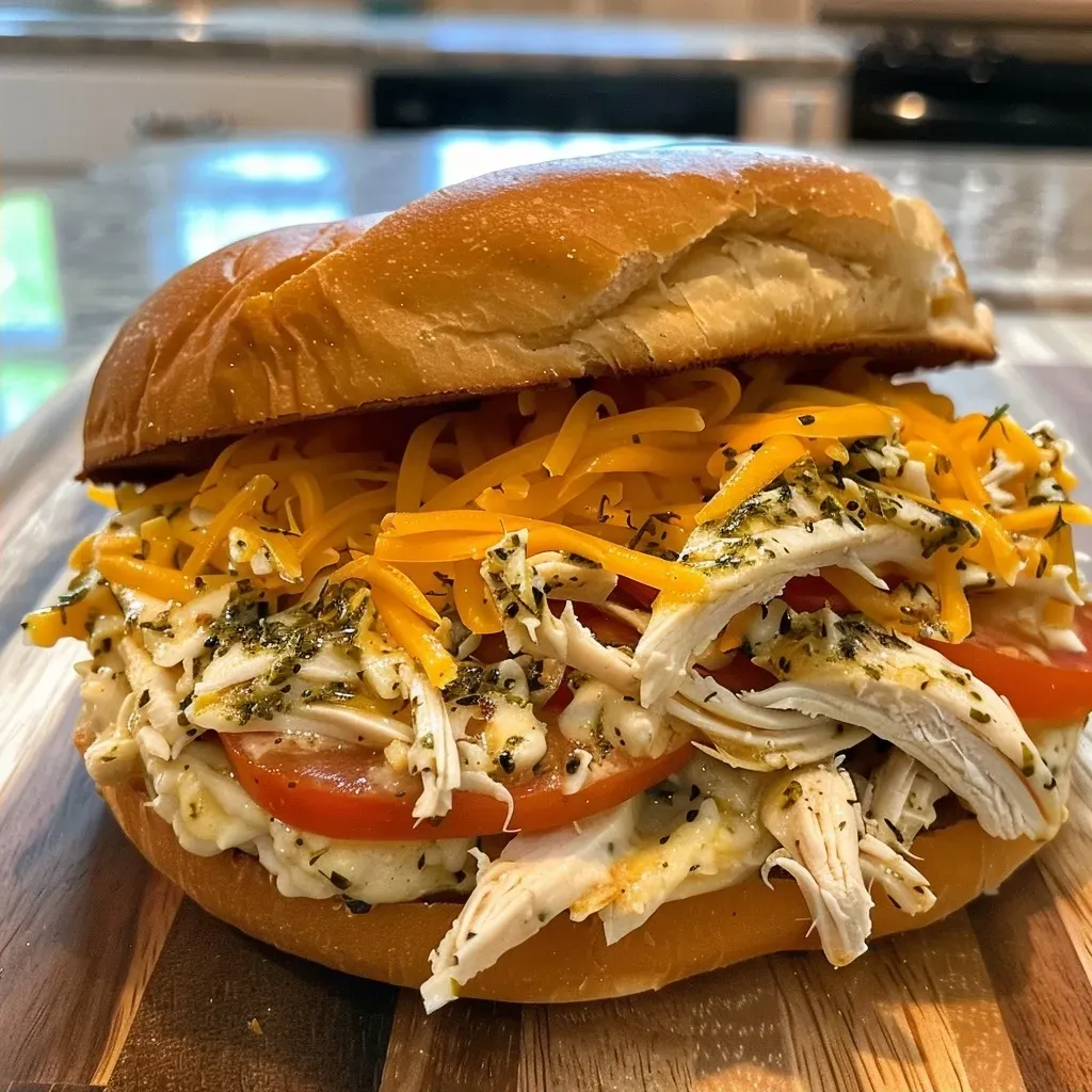 ['Juicy Slow Cooker Ranch Chicken Sandwich with sliced tomatoes and melted cheese on a bun.', 'Close-up of a delicious ranch chicken sandwich featuring tender chicken and creamy cheese.', 'Side view of a ranch chicken sandwich garnished with tomato slices and cheddar cheese.', 'Mouthwatering Slow Cooker Ranch Chicken Sandwich stacked high with toppings on a potato bun.']
