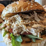 ['Close-up view of a juicy slow cooker shredded chicken sandwich on a plate.', 'Side perspective of a delicious shredded chicken sandwich with toppings.', 'Detail shot of a slow cooker chicken sandwich dripping with sauce.', 'Tasty shredded chicken sandwich with fresh ingredients, viewed from the side.']
