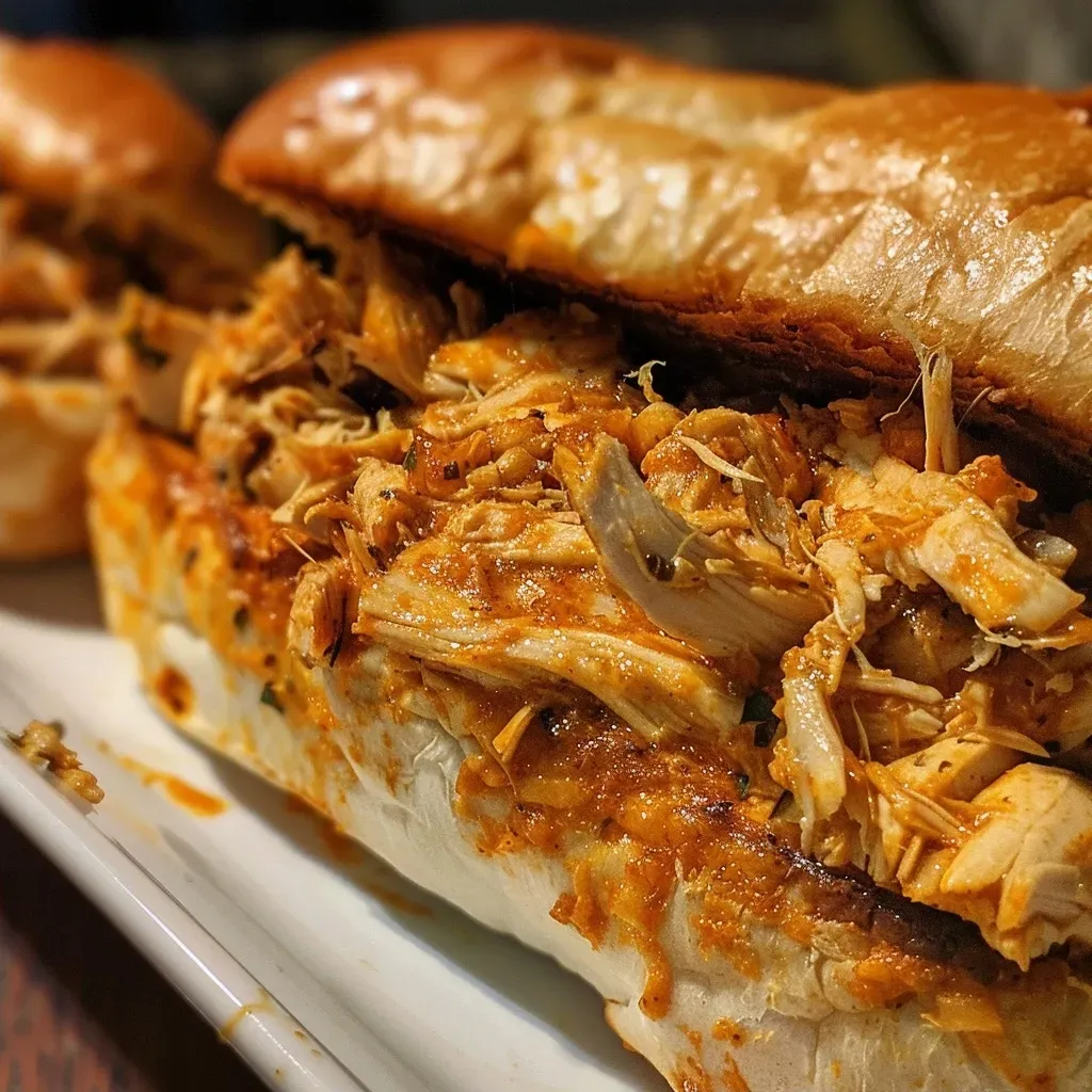 Close-up view of a juicy slow cooker shredded chicken sandwich on a plate.