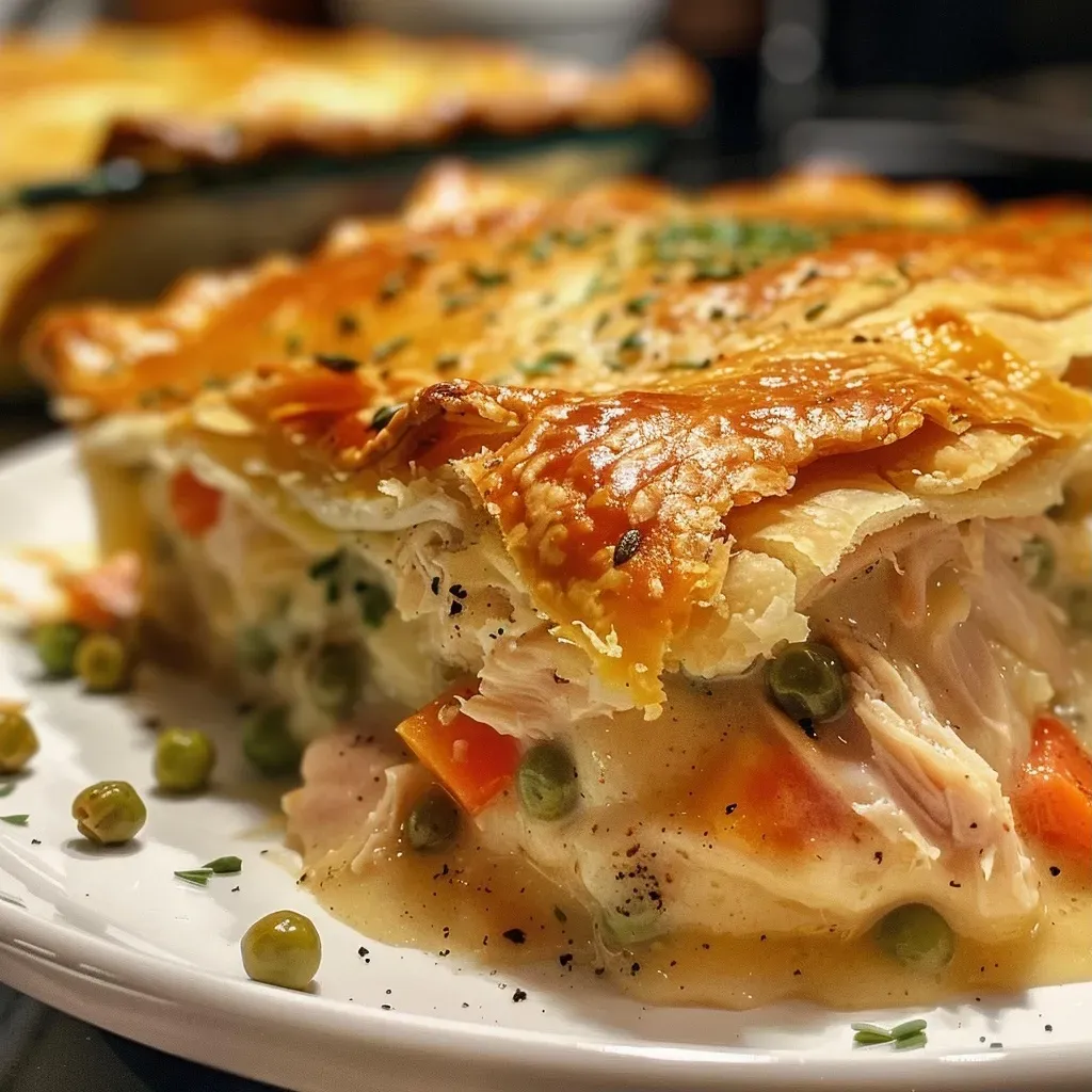 ['A close-up side view of a golden-brown smoked chicken pot pie with visible flaky crust.', 'Juicy smoked chicken pot pie showing a golden crust and colorful filling of peas and carrots.', 'An iPhone shot of a freshly baked smoked chicken pot pie with a crispy exterior and steam rising.', 'Detailed view of a sliced smoked chicken pot pie revealing a creamy filling and vibrant vegetables.']
